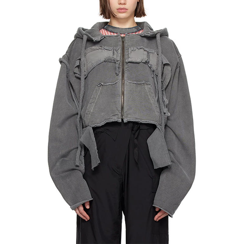 hongfeng designs zip up hoodie women with stylish patchwork and cozy fleece materials.